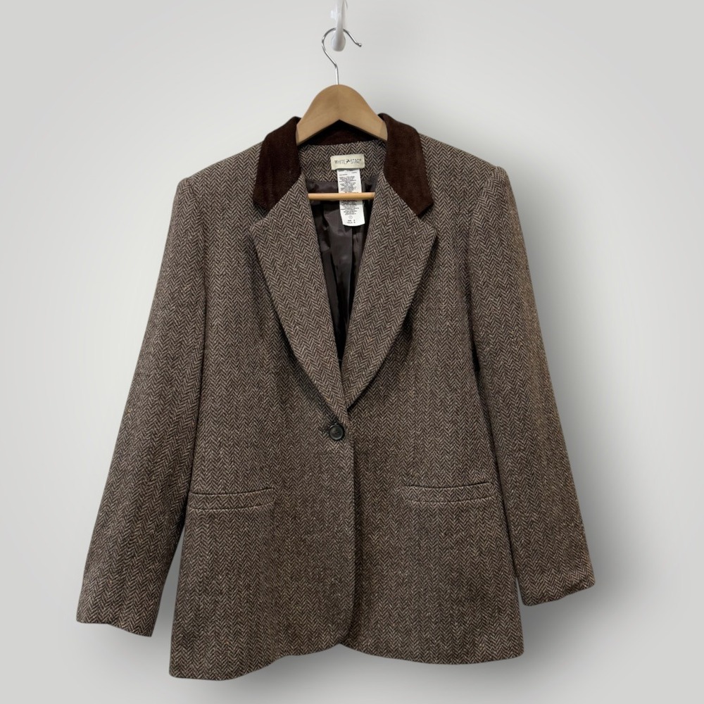 White Stag Brown Herringbone Wool Blend Blazer Suede Collar Old Money Size 8
